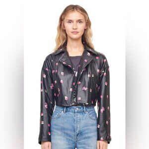 Rebecca Taylor Floriana Black Leather Jacket, Cropped, Pink Flower Print, Sz 2